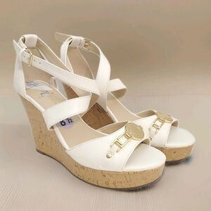 Marc Fisher White Brantor Vegan Patent Leather Cork Wedge Strappy Sandals 8.5
